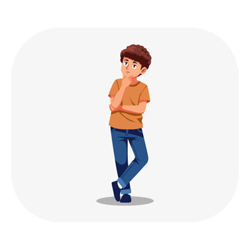 High quality vector illustration of a young boy standing, leaning, holding his chin with a thoughtful expression, pensive face, making decisions or solving problems. Isolated on light background for d