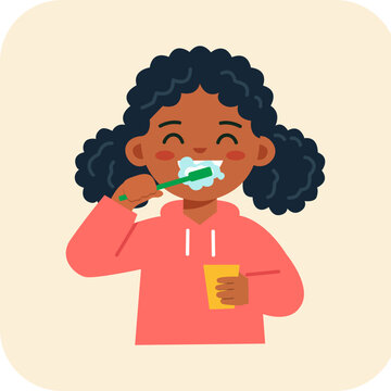 Vector illustration of a young African American girl brushing her teeth with foam and holding a cup of water, learning healthy habits and daily personal dental hygiene routine
