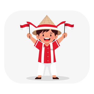 Vector illustration of a happy Indonesian boy wearing traditional cone hat and red white clothes, waving Indonesian flags to celebrate national independence day (17 Agustus) with joy and patriotism