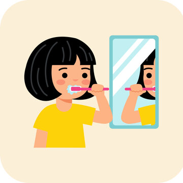 Vector illustration of a little Asian girl with short hair brushing her teeth in front of a bathroom mirror, practicing good dental care, oral hygiene, and healthy daily routine.