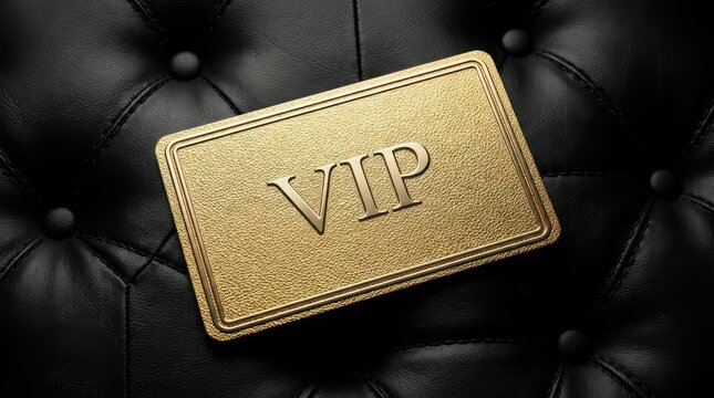 Gold vip card with embossed text resting on a black tufted leather surface background