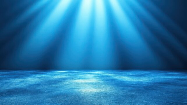 Vibrant underwater scene with bright blue light rays penetrating the ocean surface, illuminating the textured seabed with a calm and mysterious ambiance