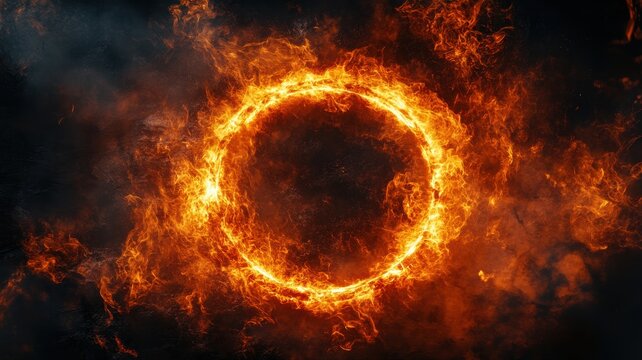 Dark fiery ring or circular fire circle with bright burning flames and smoke, dynamic and intense visual effect for dramatic or elemental concept