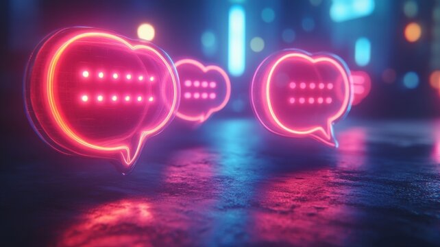Neon speech bubbles glowing in vibrant pink and red colors on a dark street surface with a blurred cityscape background, modern digital communication concept