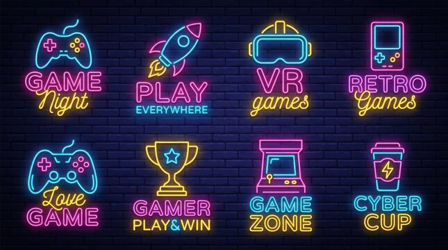 Neon gaming sign collection with gamepads, vr headset, arcade machine, and trophies on brick wall