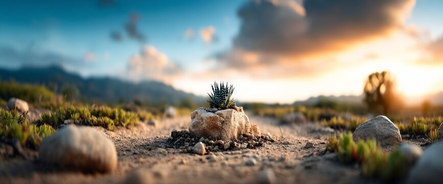 Desert landscape with small plant atop a rock. Sunset sky and distant mountains