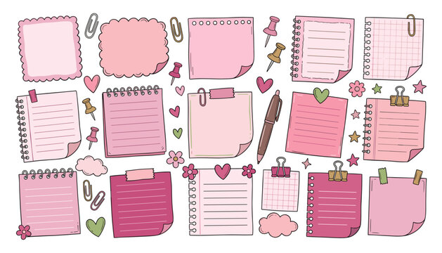 Aesthetic Pink Sticky Notes and Memo Paper Set with Cute Doodle Notebook Pages Binder Clips Pen and Planners elements for Scrap booking