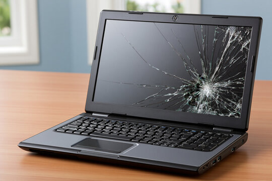 Laptop with a broken screen on a wooden table