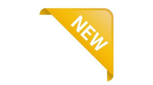 Yellow corner ribbon banner with white new text, isolated on a plain white background