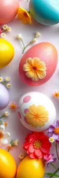 Vibrant Easter eggs in pastel hues surrounded by delicate flower decoration on a white paper background, eggs, paper