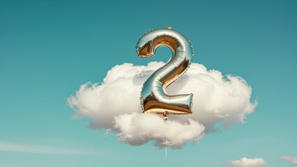 Naklejka premium Large metallic silver and gold number 2 balloon floating in front of white fluffy cloud against bright blue sky, celebration, party decoration, milestone, joyful, festive atmospher