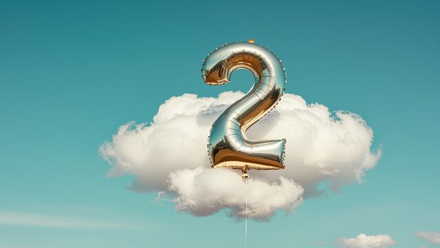 Large metallic silver and gold number 2 balloon floating in front of white fluffy cloud against bright blue sky, celebration, party decoration, milestone, joyful, festive atmospher