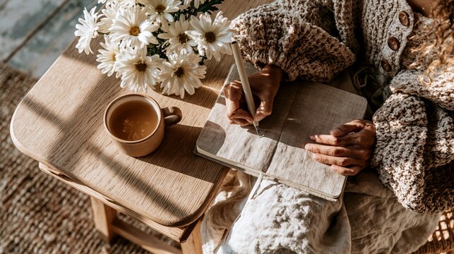 Woman writing in notebook journal at home morning mental health care