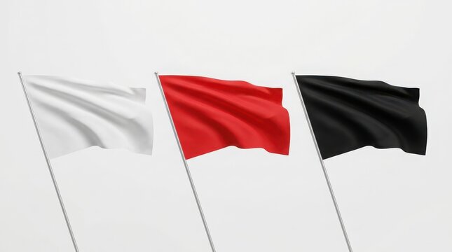 Three waving flags in white, red, and black on metal poles against a plain white background