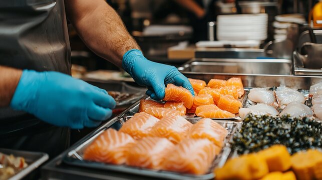 Close-up of chef's hands in blue gloves preparing salmon and other seafood.
