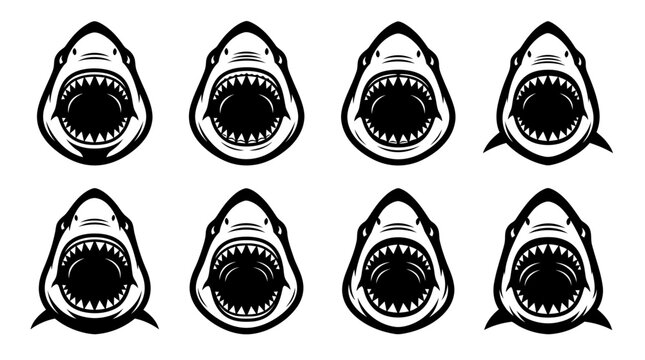 Eight aggressive great white shark head illustrations showing sharp teeth in a bold black vector style