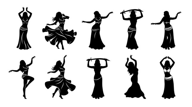 Elegant belly dancer silhouettes performing traditional middle eastern dance movements with flowing skirts and sharp swords
