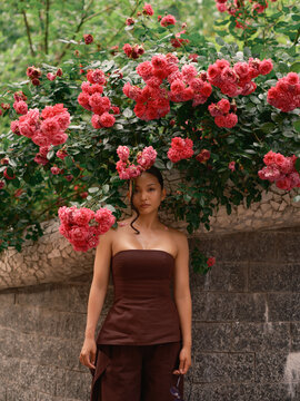 Asian Woman Standing Under Blooming Pink Roses Wall