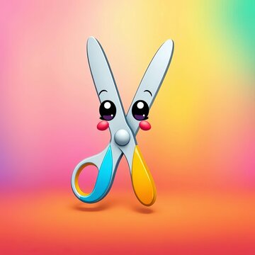 Cute cartoon scissors with bright eyes and cheerful smile stand on rainbow-colored background, colorful, cute