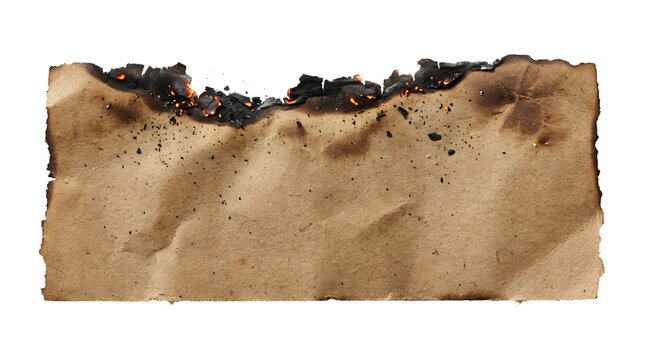 Burnt vintage paper scrap with charred edges on transparent.
