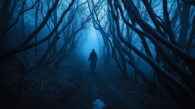 Dark haunted forest path with lonely silhouette in blue fog between twisted bare trees showing spooky mystery horror atmosphere eerie woodland nightmare fantasy and cinematic Halloween scene for film