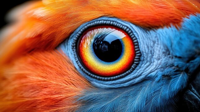 Close-up of a vibrant, colorful bird eye with detailed feathers and striking hues