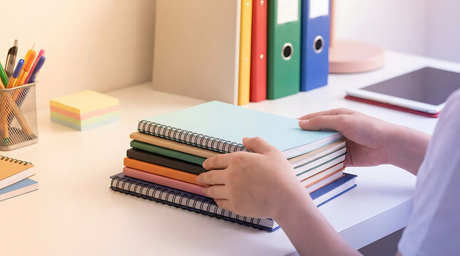 Student organizing colorful spiral notebooks on white study desk workspace with stationery and office supplies