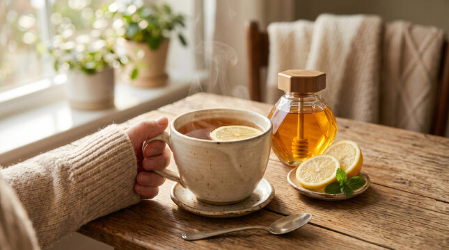 Female hands hold a steaming cup of honey lemon tea on a wooden table.