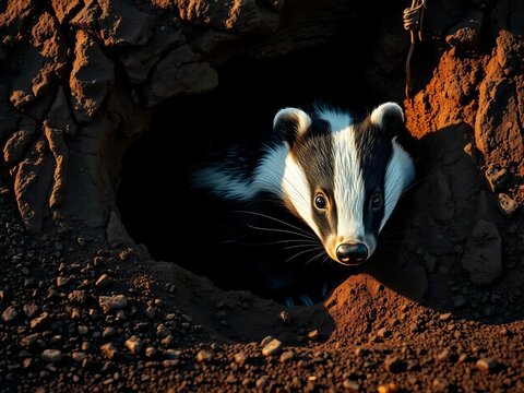 A badger emerges from its earthy lair, blinking in the morning light, emergence, burrow