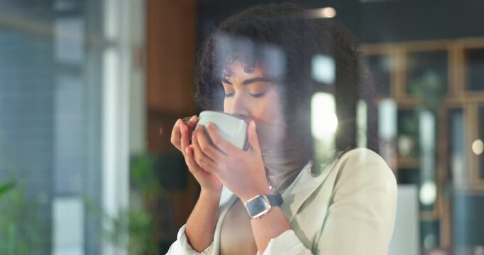 Thinking, woman and lawyer in office with coffee, start day and inspiration for court case. Smile, attorney and daydreaming at window with beverage, legal strategy and solution of lawsuit proceedings