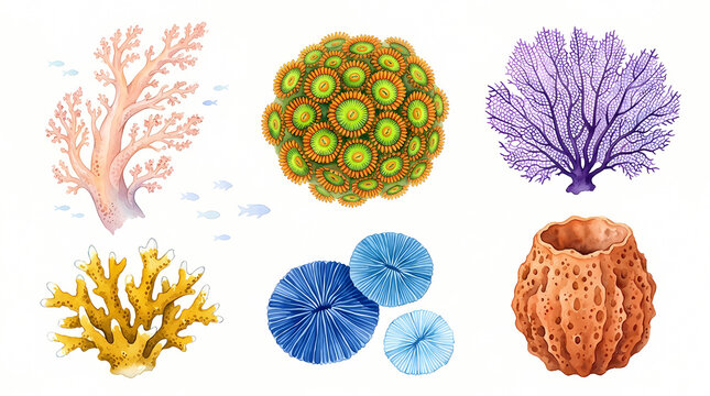 A vibrant collection of colorful coral species, showcasing a diverse range of shapes and textures, presented as a detailed illustration.
