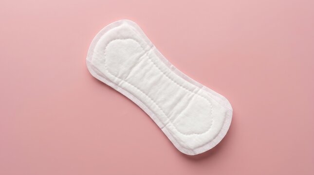 Clean white feminine sanitary napkin pad resting on a smooth pastel pink flat surface with soft natural overhead studio lighting