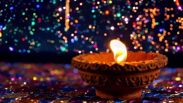 Traditional indian clay oil lamp diya with a bright flame, set against a blurred background of colorful bokeh lights, symbolizing celebration and festivity