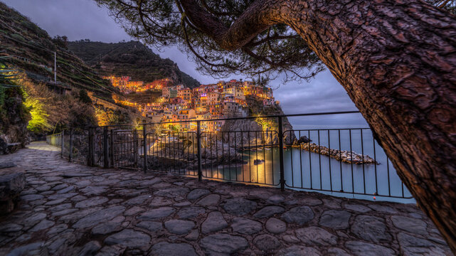 View of the illuminated colorful houses of Manarola perched on the cliffs above the sea at dusk, with a stone pathway and pine tree in the foreground in Manarola, Liguria, Italy.