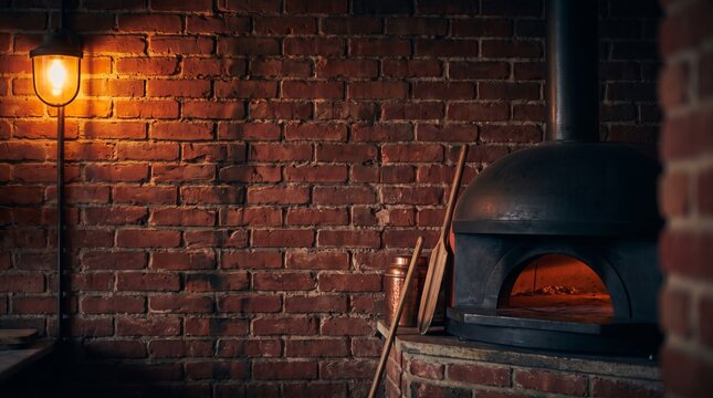 Traditional metal pizza oven glowing with warm embers features a wooden peel and rustic copper container against red brick walls