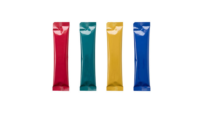 Four colored glossy stick packaging wrappers for food samples.