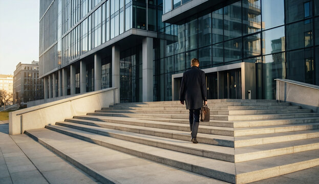 Businessman Walking Up the Stairs to a Modern Office Building