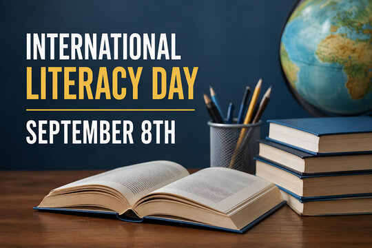 International Literacy Day with Stack of Books and Globe