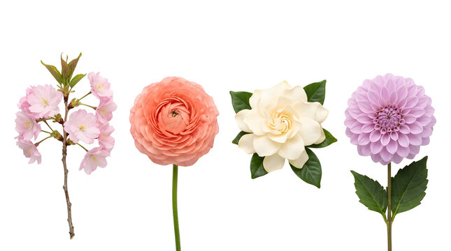 Four different colorful flowers on transparent background perfect for cards.