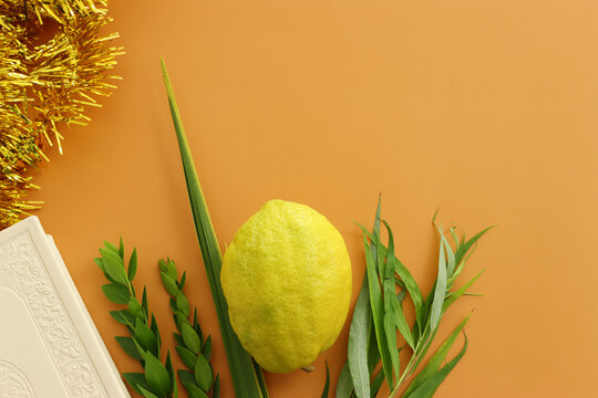 Jewish festival of Sukkot. Traditional symbols (The four species): Etrog (citron), lulav (palm branch), hadas (myrtle), arava (willow)