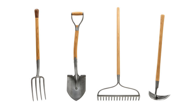 Gardening tools including fork shovel rake and hoe on transparent.