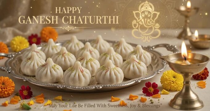 Happy Ganesh Chaturthi May Your Life Be Filled With Sweetness Joy & Blessings horizontal video template or greeting banner with plate of modak sweets, Ganesha illustration, marigold flowers, and diya 