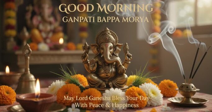 Good Morning Ganpati Bappa Morya May Lord Ganesha Bless Your Day With Peace & Happiness horizontal video template or greeting banner with Lord Ganesha statue, incense smoke, flowers, and oil lamps
