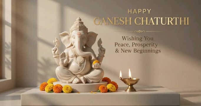 Happy Ganesh Chaturthi Wishing You Peace, Prosperity & New Beginnings horizontal video template or greeting banner with Lord Ganesha statue, marigold flowers, and glowing diya oil lamp on a minimalist