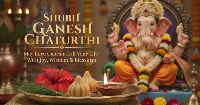 Shubh Ganesh Chaturthi May Lord Ganesha Fill Your Life With Joy, Wisdom & Blessings horizontal video template or greeting banner with Lord Ganesha idol, modak sweets, hibiscus flower, and diya oil lam