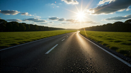 Fototapeta premium Road stretches toward horizon under sunset glow