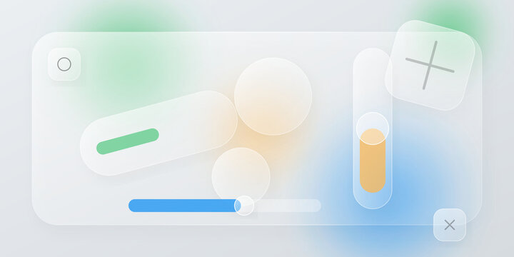 Glassmorphism user interface control panel elements with elements on transparent background