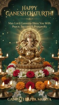 Happy Ganesh Chaturthi May Lord Ganesha Bless You With Peace, Success & Prosperity vertical video template or greeting banner with Lord Ganesha statue, flowers, and glowing diya oil lamps