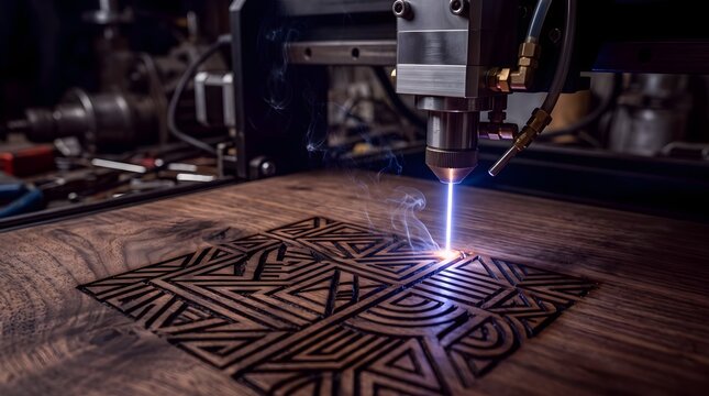 Industrial laser engraving machine cutting geometric patterns on wood. CNC laser cutter head with glowing beam. Precision woodworking technology.