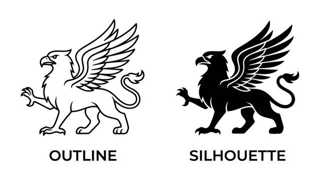 Mythical Griffin Iconography: A set of graphic representations showcasing the majestic griffin in both outline and silhouette form, ready for use in emblems and designs.